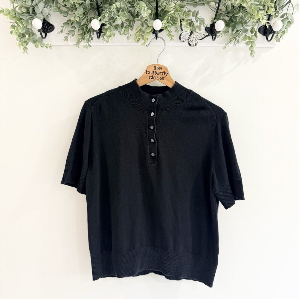 Everlane organic Black High Neck Button Up Short Sleeve Sweater Top Size L Y4102
